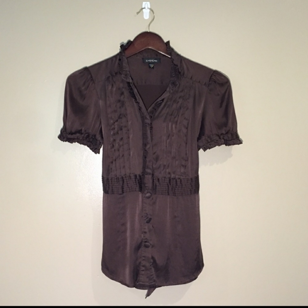 Bebe silk brown button down ruffle blouse
